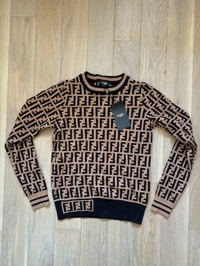 Fendi Tan and Black Zucca FF Logo Knit Crewneck Sweater